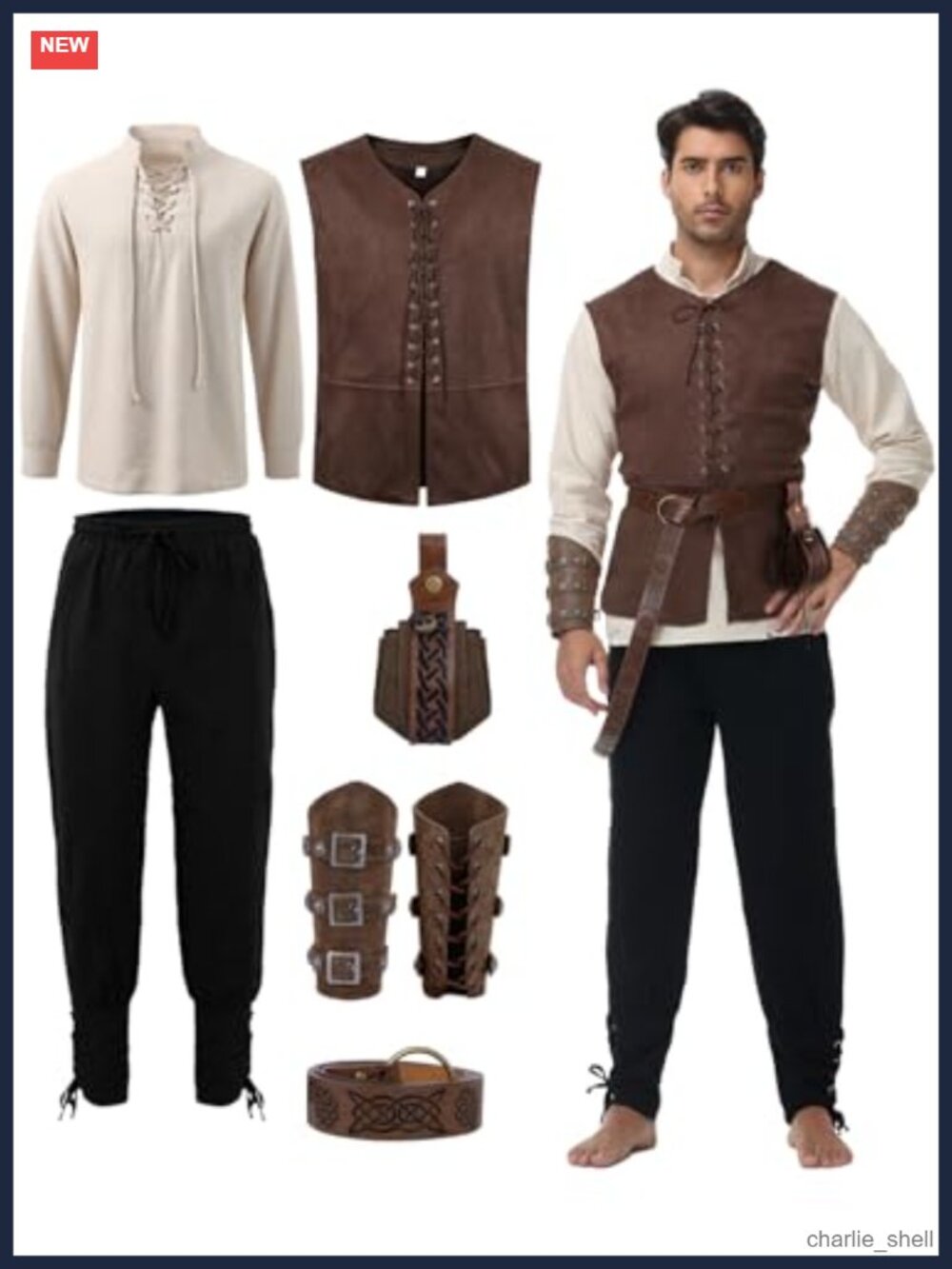 7 Piece Renaissance Medieval Costume Pirate Viking Men Vest